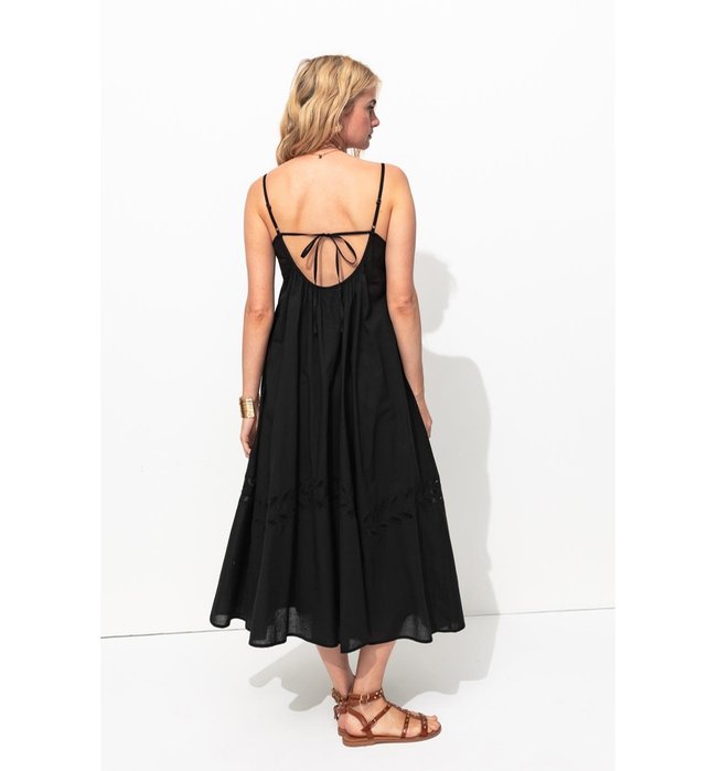 Embroidered Dress with Thin Straps - Plain Dark Black