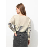 Jersey fino con cuello en V calado para mujer a rayas azul