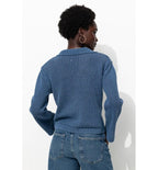 Pull en Coton Col Polo Femme - Bleu Uni Fonce