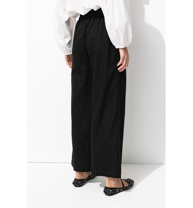Wide Linen Blend Trousers - Plain Dark Black