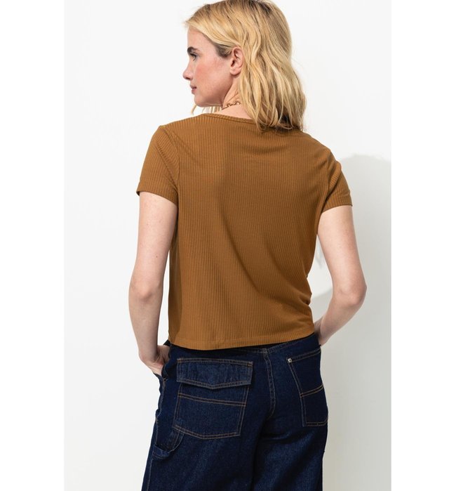 Camiseta de canalé con cuello en V para mujer - Plain Dark Greige