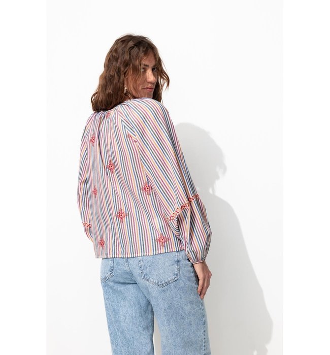 Mujer Blusa A Rayas Bordada A Rayas Multicolor