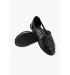 Sandalias planas de piel para mujer, color liso, negro oscuro
