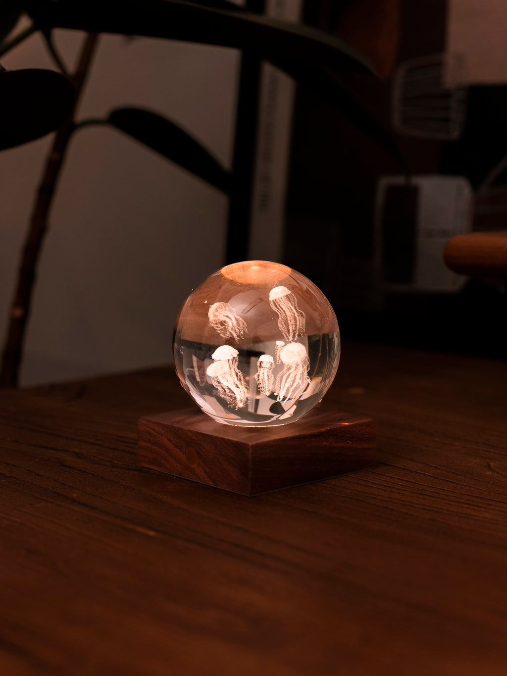 Gingko Design – Lumière Amber Crystal - Méduse, lampe de chevet en forme de boule de verre avec des méduses lumineuses
