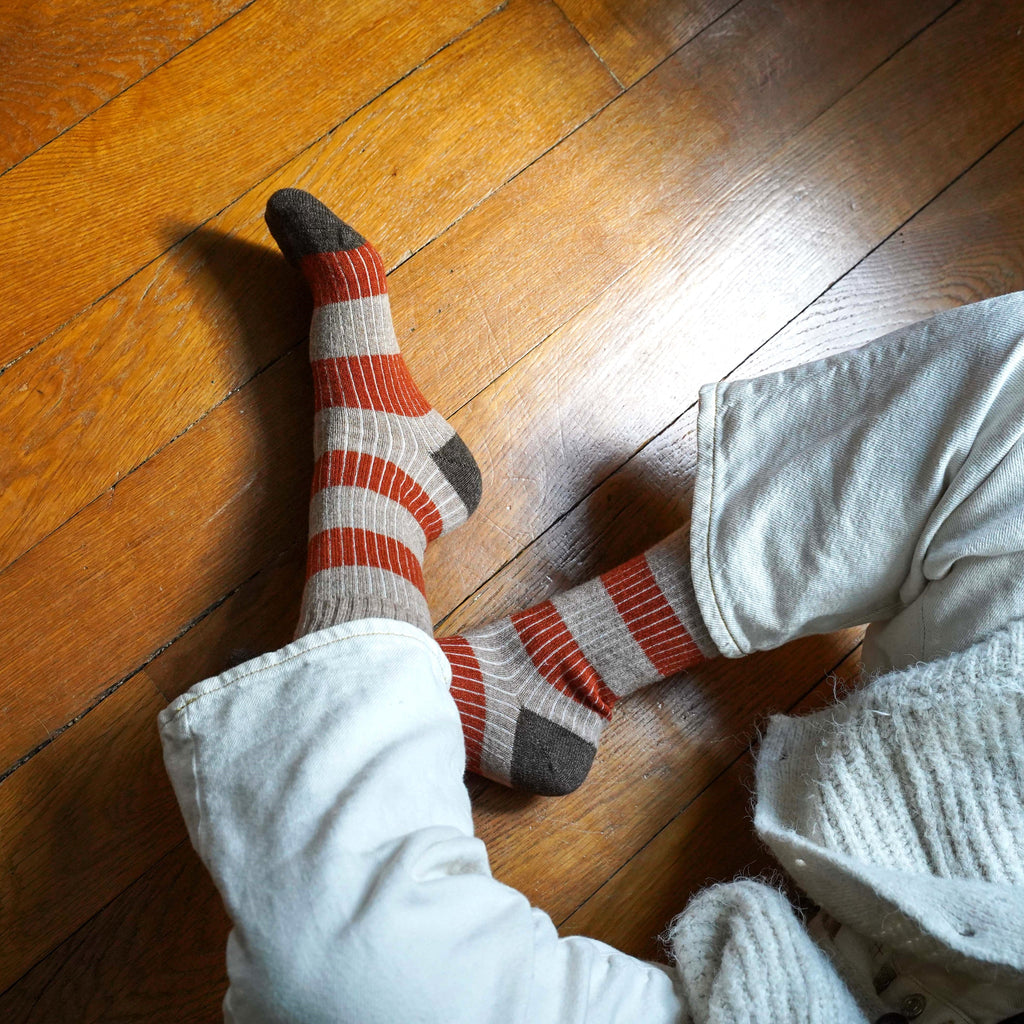 Calcetines de lana merina a rayas - Beige y naranja