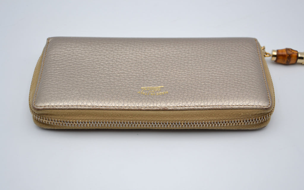 Portefeuille Gucci Cuir Grainé Doré Bamboo Zippy