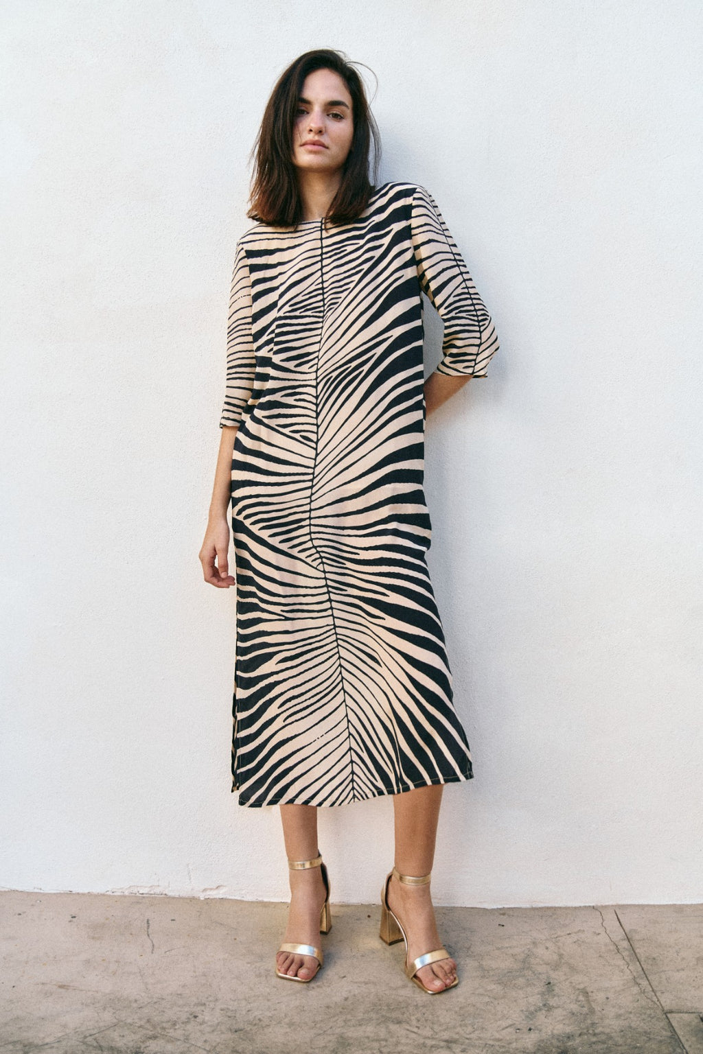 Michonet – Kleid Hoja Beig, mittellanges Kleid mit Zebramuster in Schwarz und Beige, getragen von einem Model