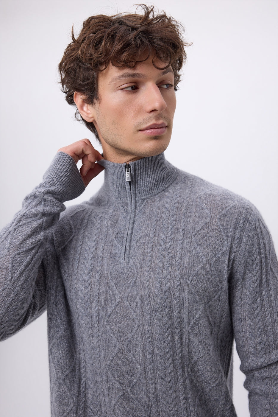 Pull Grand Col Montant Zippé Torsades Dulce - Gris Fonce - Homme