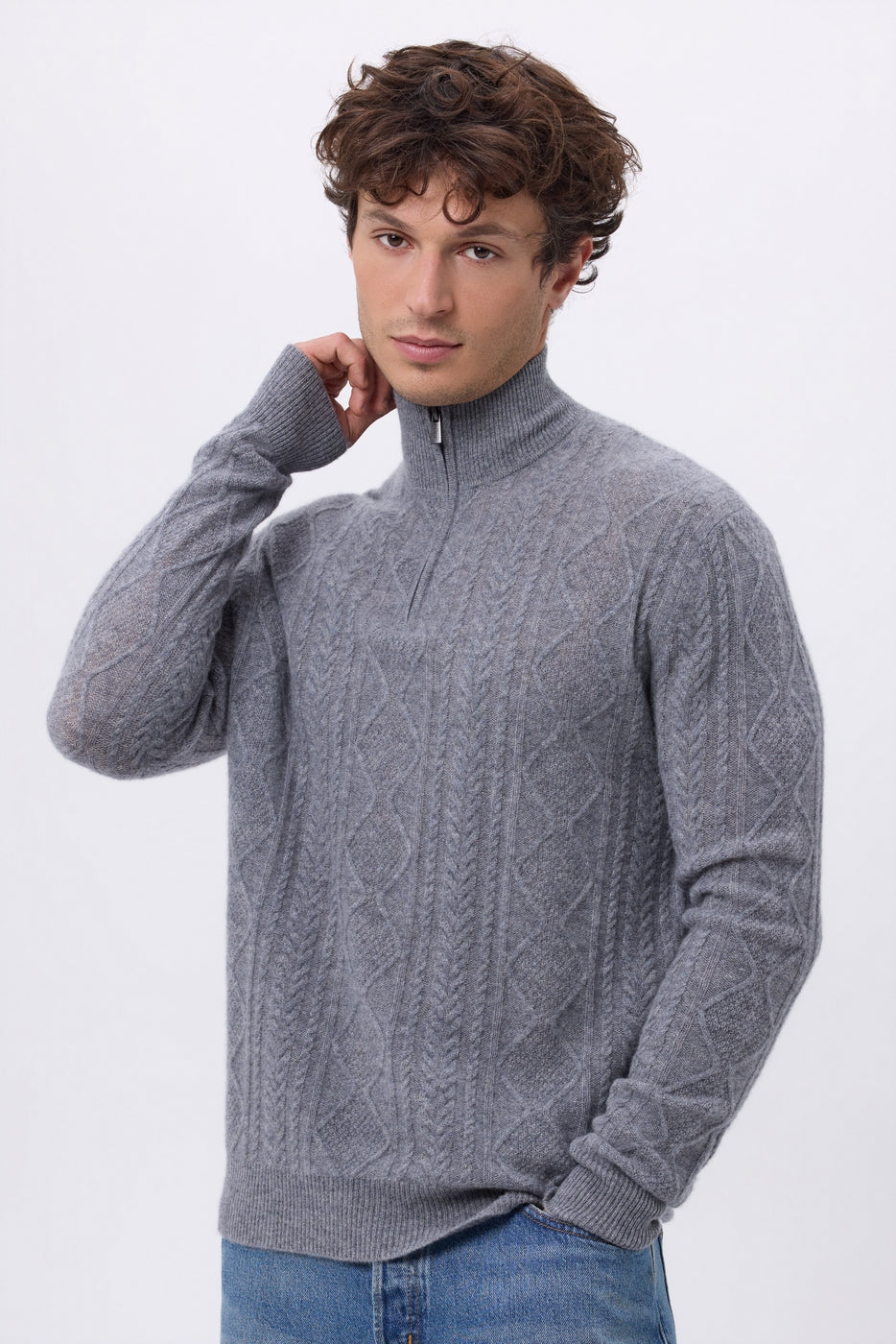 Pull Grand Col Montant Zippé Torsades Dulce - Gris Fonce - Homme