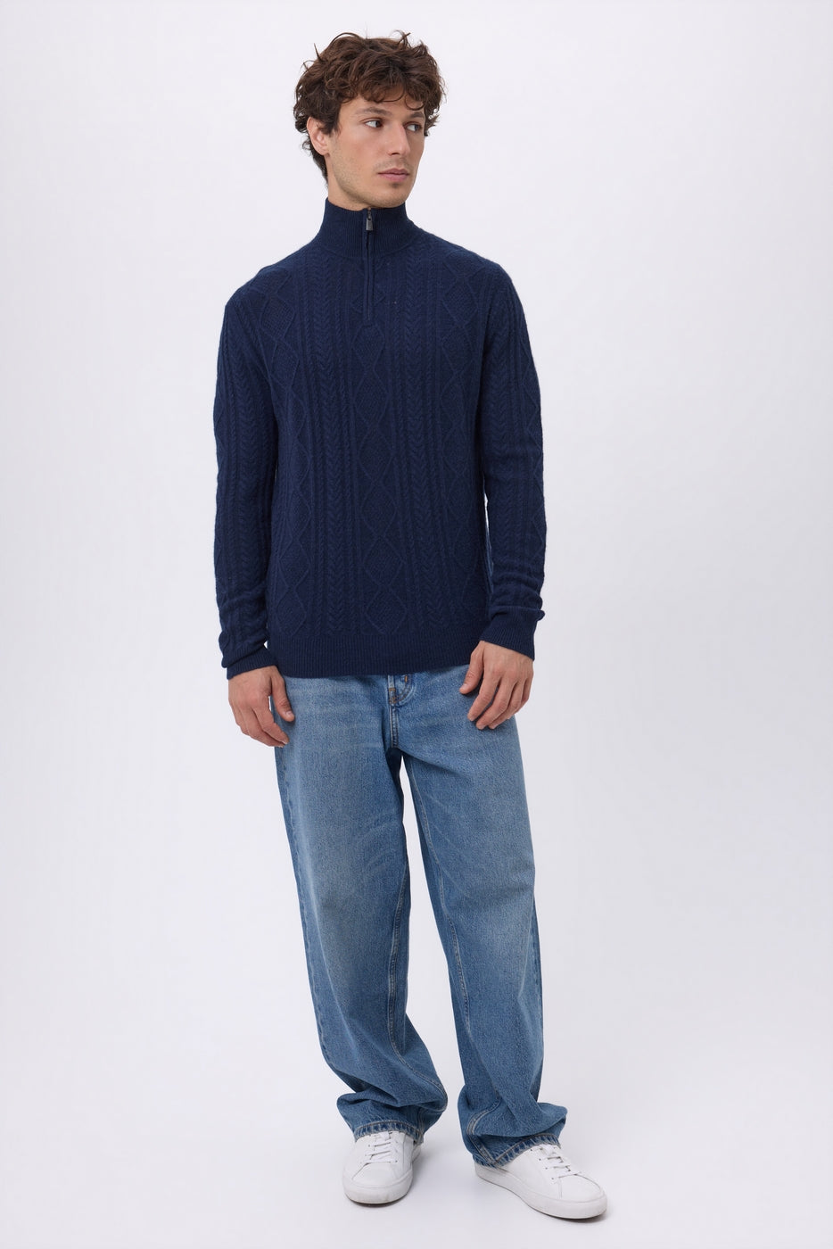 Pull Grand Col Montant Zippé Torsades Dulce - Bleu Marine - Homme
