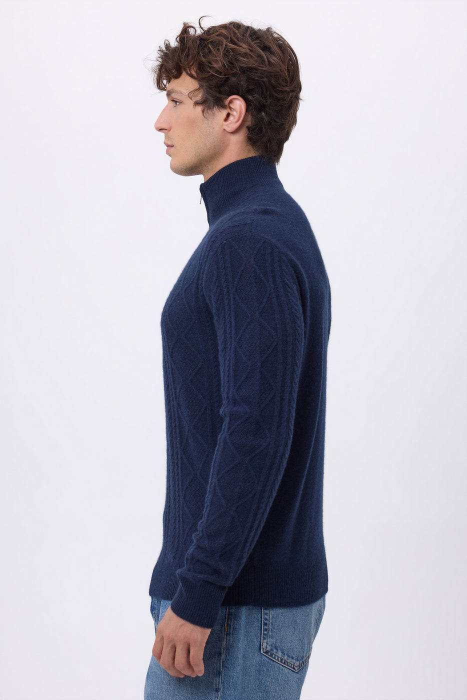 Pull Grand Col Montant Zippé Torsades Dulce - Bleu Marine - Homme
