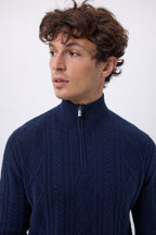 Pull Grand Col Montant Zippé Torsades Dulce - Bleu Marine - Homme