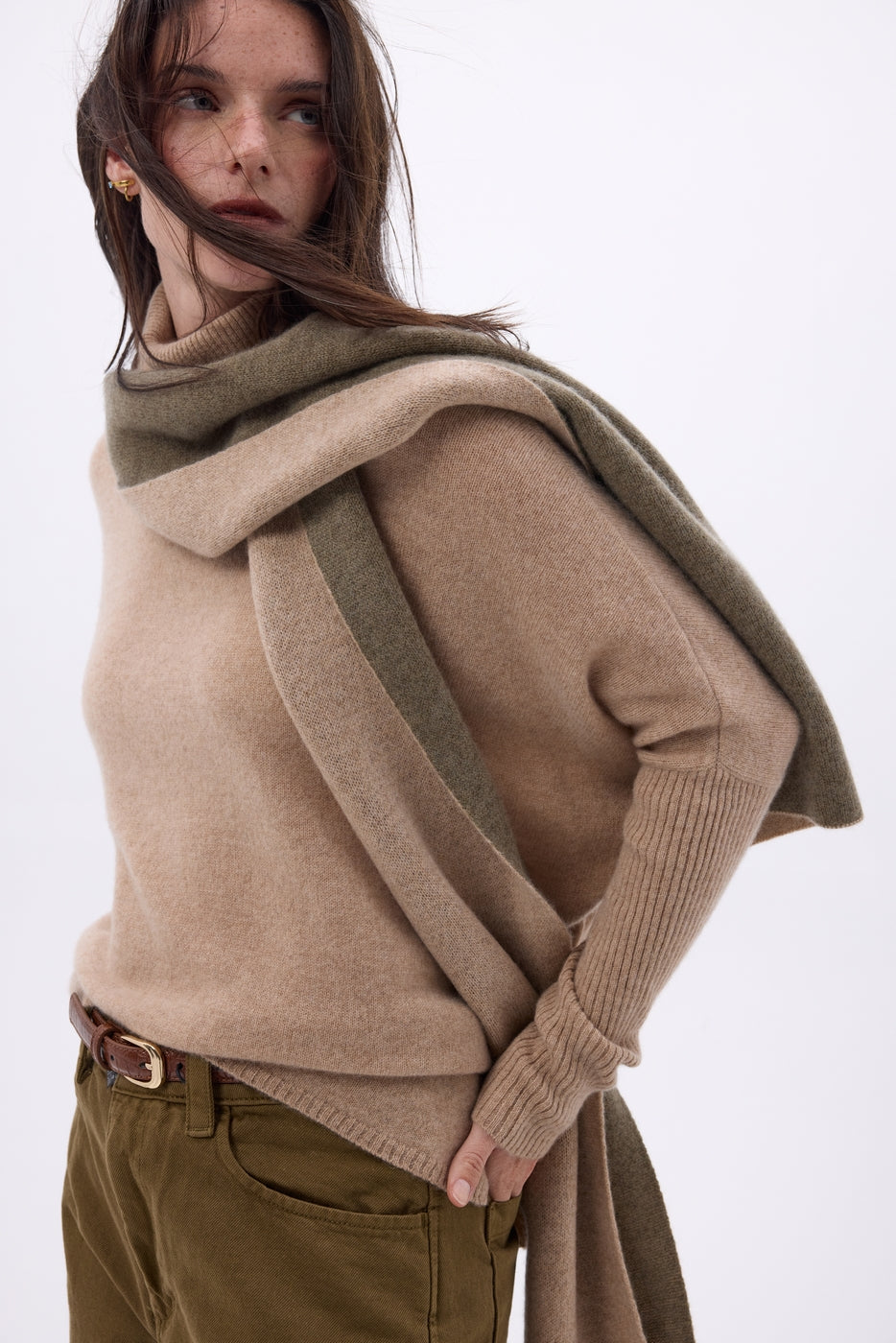 Bufanda muy gruesa de doble cara bicolor Duo - Beige crema - Caqui jaspeado - Unisex