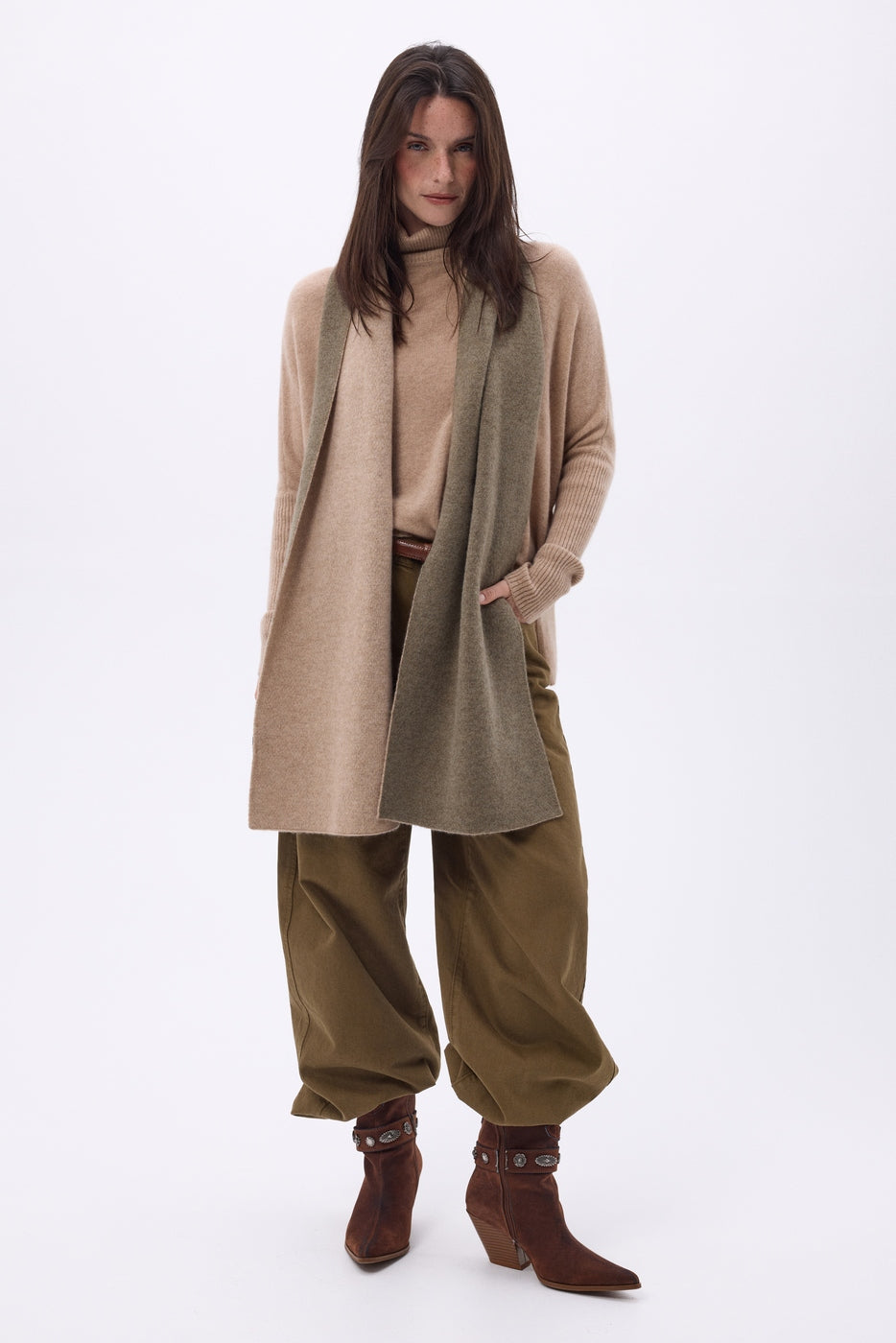 Bufanda muy gruesa de doble cara bicolor Duo - Beige crema - Caqui jaspeado - Unisex