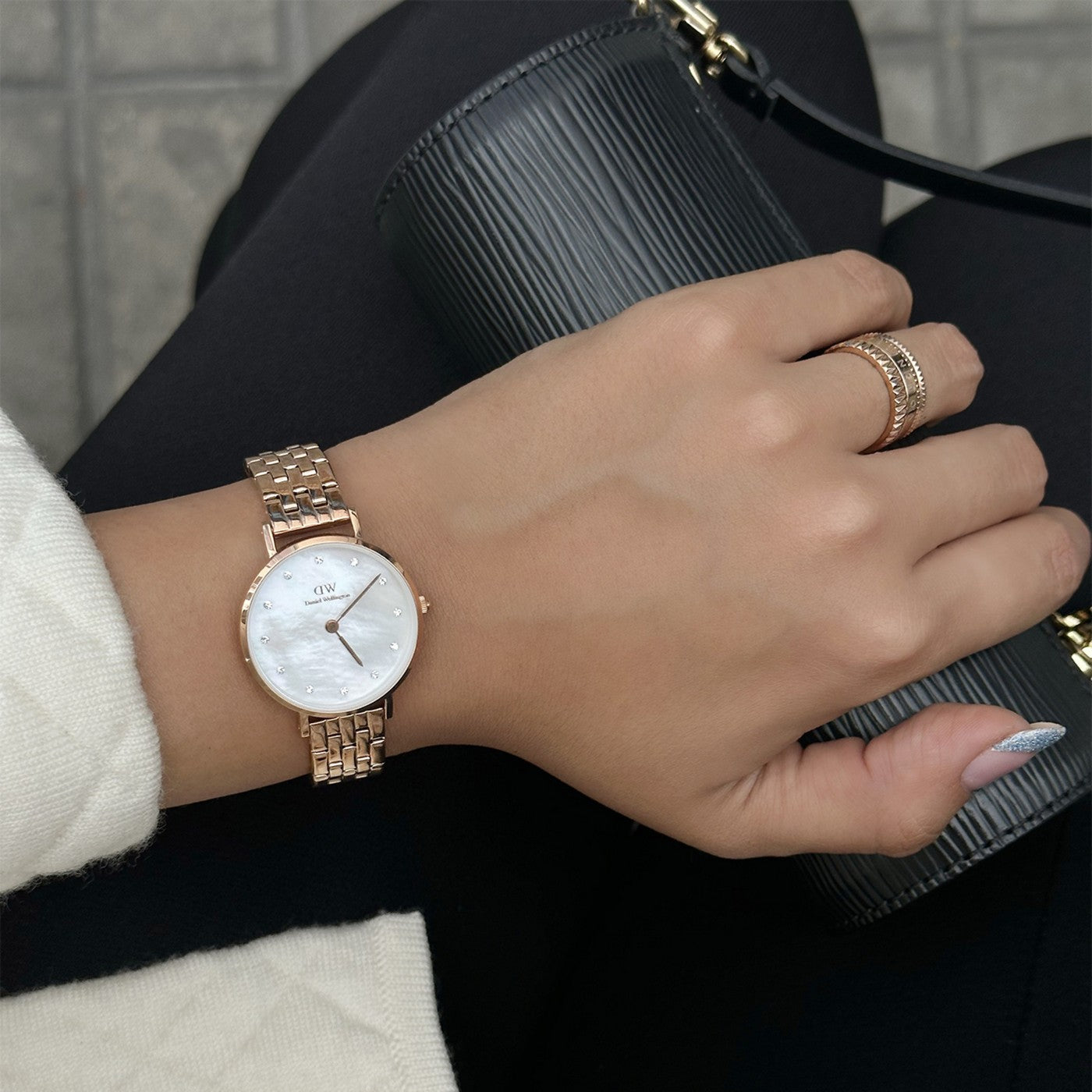 Montre Petite Lumine 5 Link Melrose White Mother Of Pearl Rose Gold