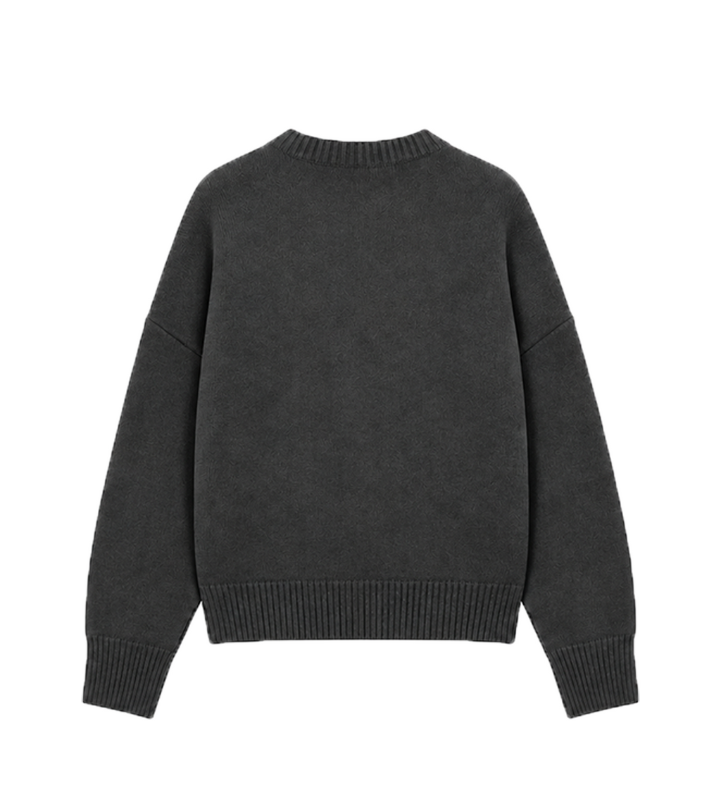 Broderad Rundhalsad Tröja - Mörkgrå