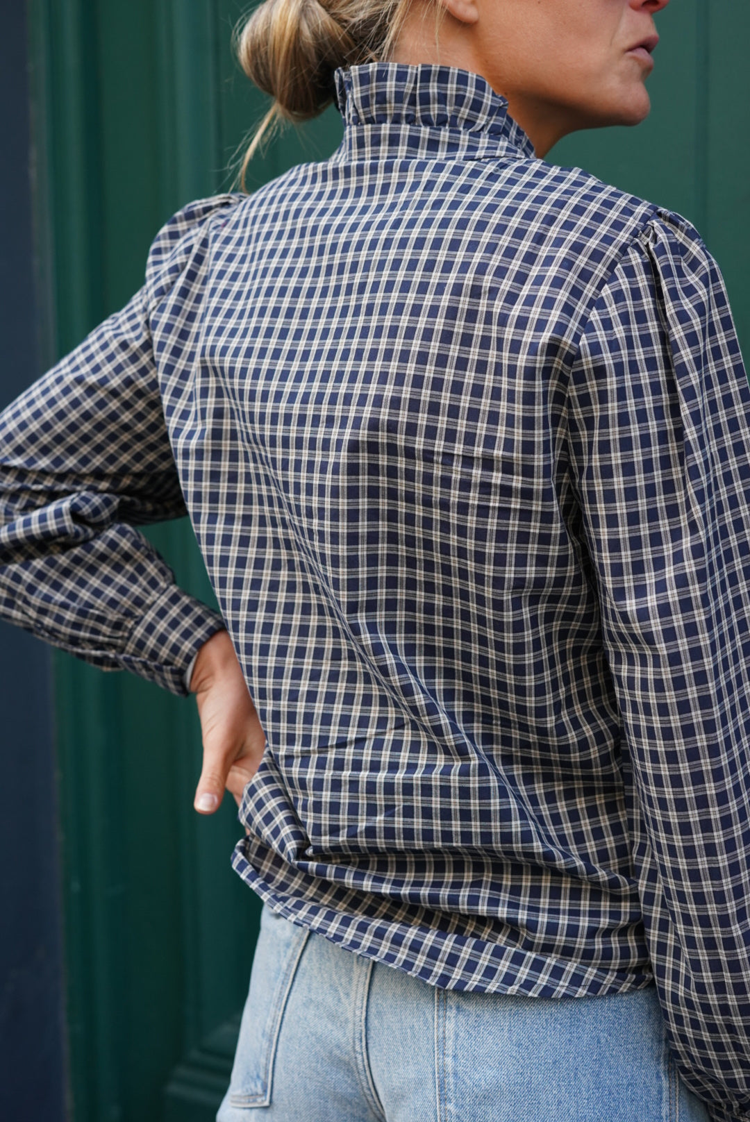 Philippine Navy/Ecru Checked Blouse
