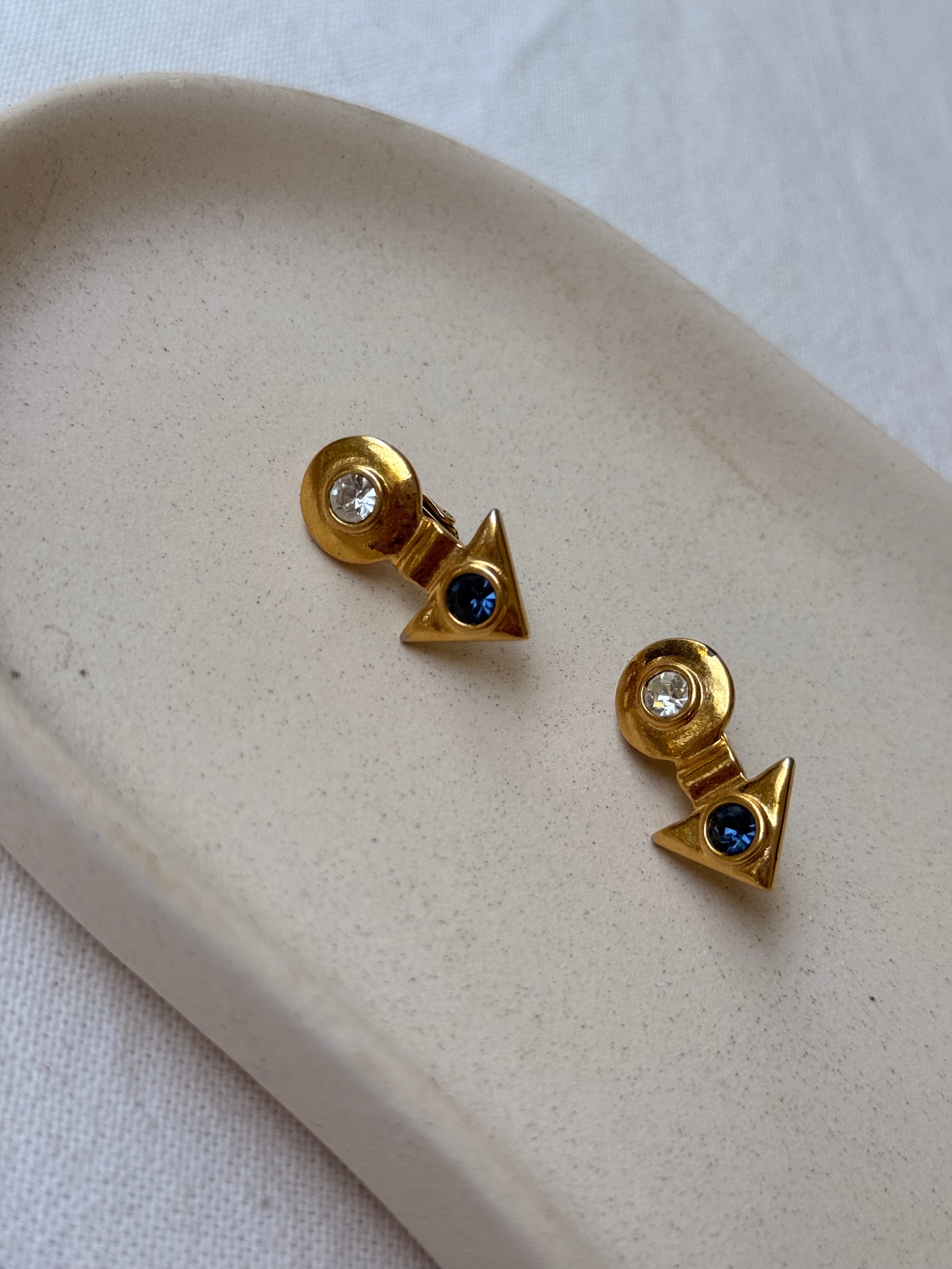 Boucles D’Oreilles Vintage - Géométriques Strass Bleus Et Blancs