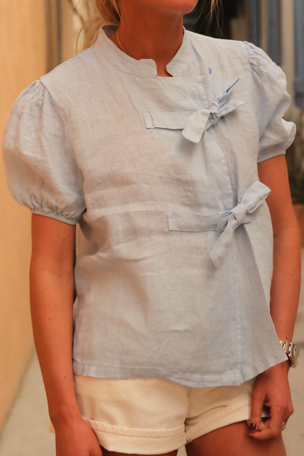 Célestine Sky Blue Linen Blouse