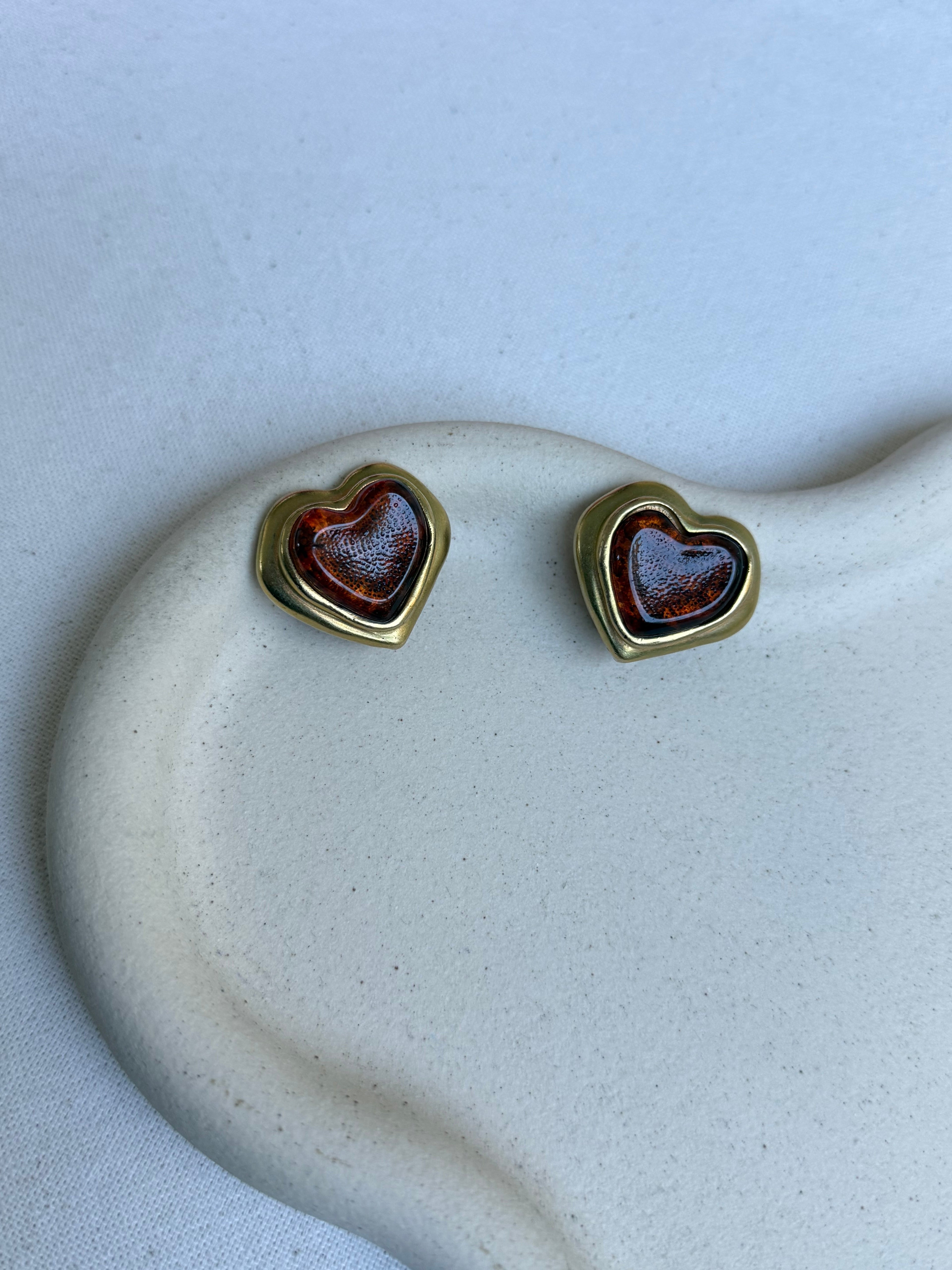 Boucles D’Oreilles Vintage - Coeurs Cabochons Résine Ambrée