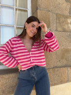 Cardigan Solela Rayé Rose Et Rouge