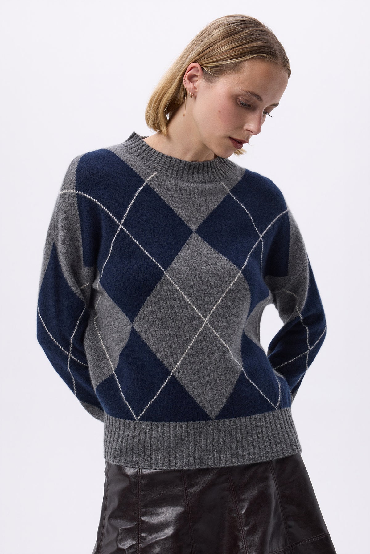 Edimbourg Diamond Pattern Crew Neck Jumper - Navy Dark Grey - Women
