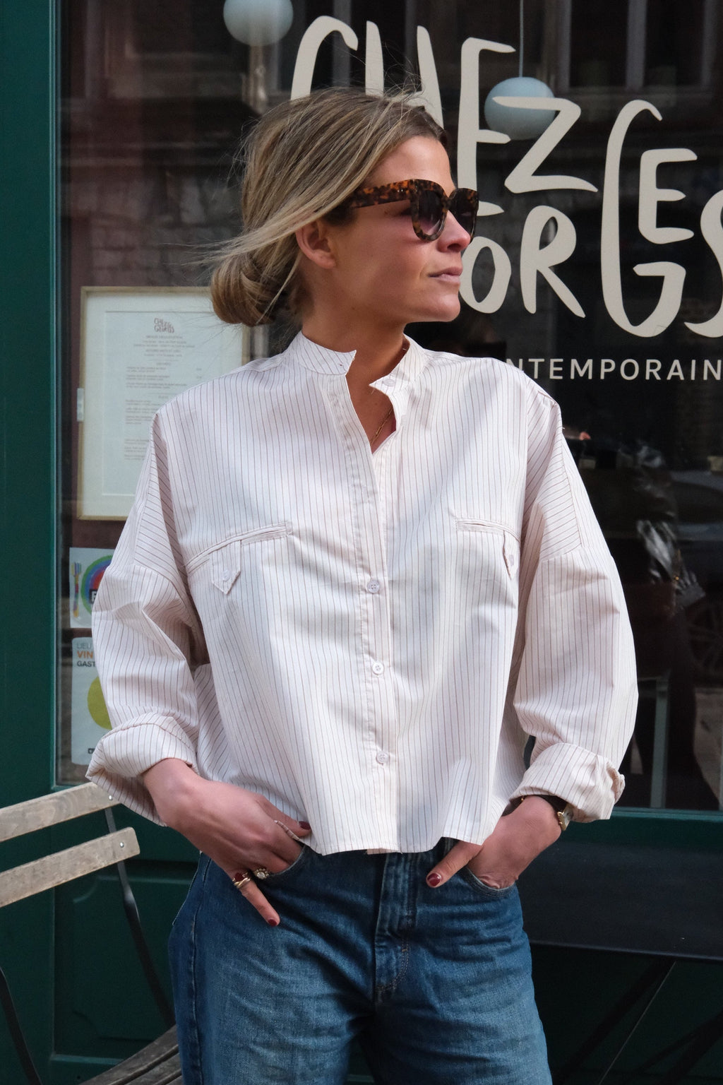 Blusa Astrid Cuello Mao Rayas Beige