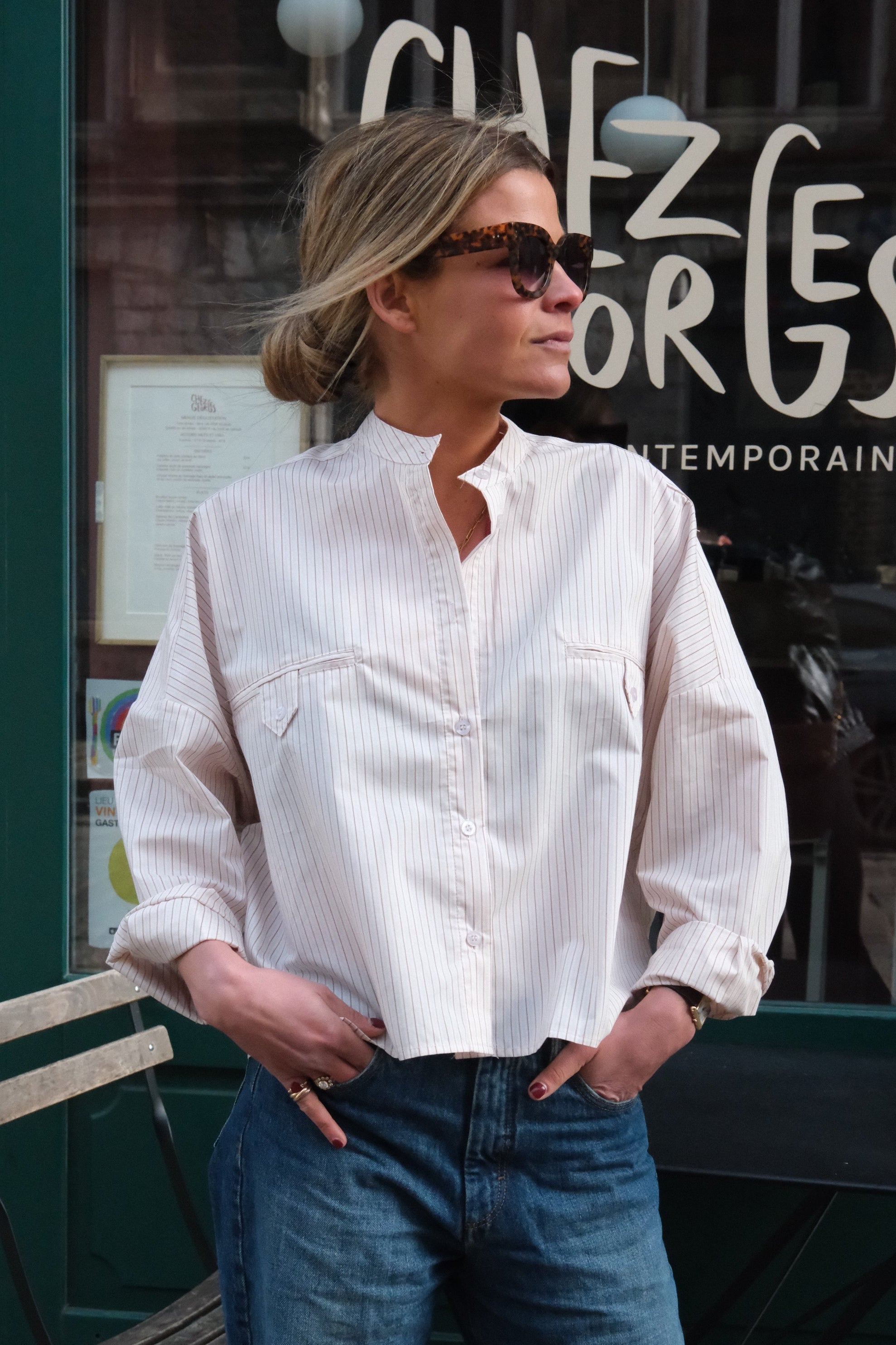 Blusa Astrid Cuello Mao Rayas Beige