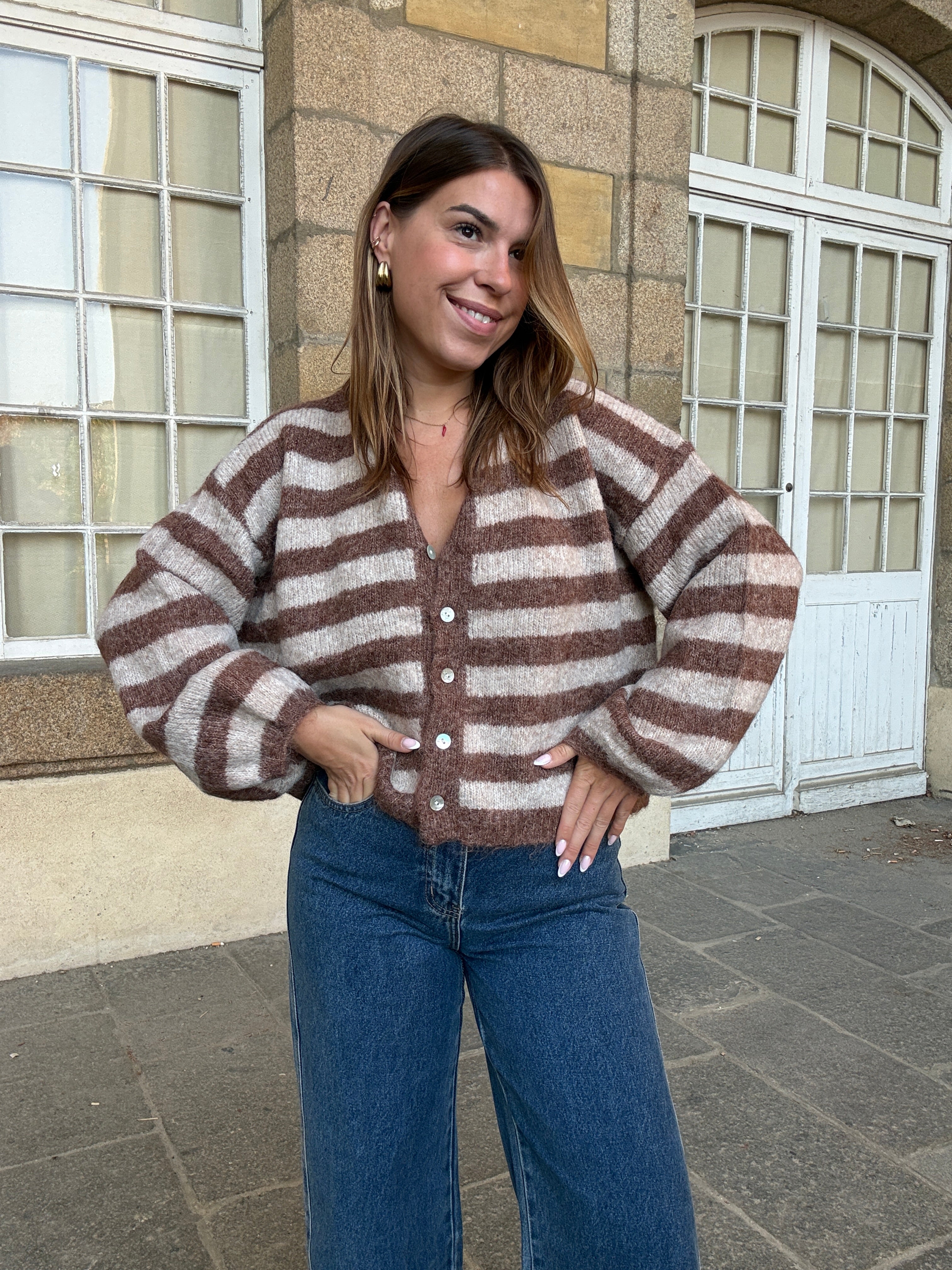 Cardigan Véra Rayé Camel Et Beige