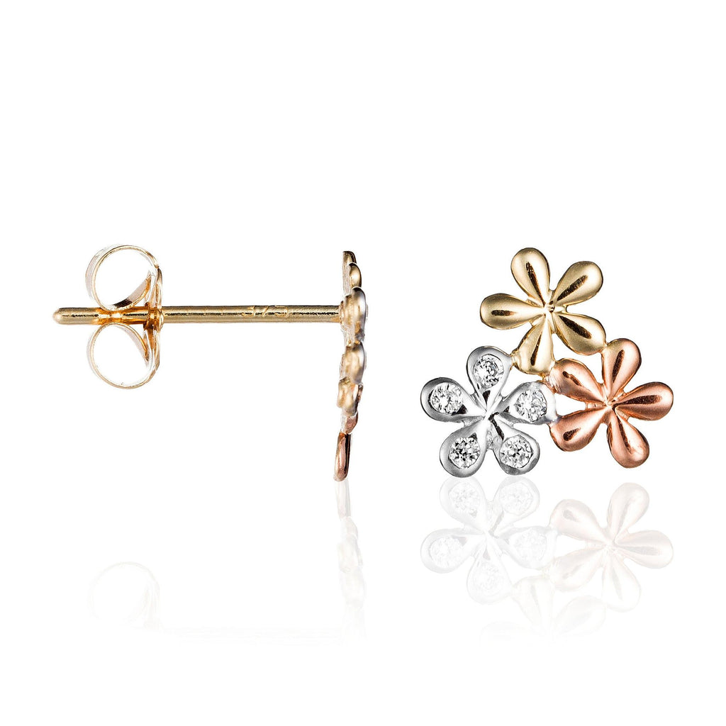 Boucles D'Oreilles "Minis Fleurs" Or Blanc, Jaune Et Rose 375/1000 Et Zirconium