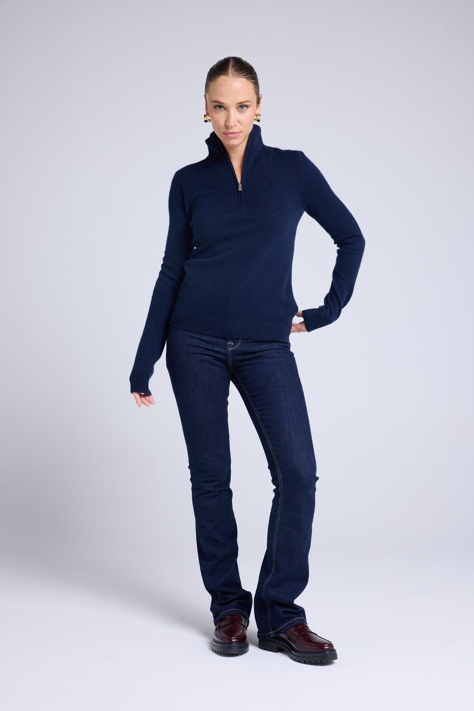 Emilie Women's Zipped Trucker-Neck Jumper - Navy Blue