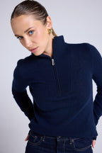 Emilie Women's Zipped Trucker-Neck Jumper - Navy Blue