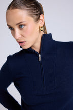 Emilie Women's Zipped Trucker-Neck Jumper - Navy Blue
