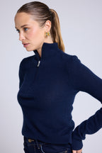 Emilie Women's Zipped Trucker-Neck Jumper - Navy Blue