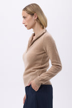 Sweter Emilie z kołnierzem polo na suwak - Beżowo-kremowy - Damski