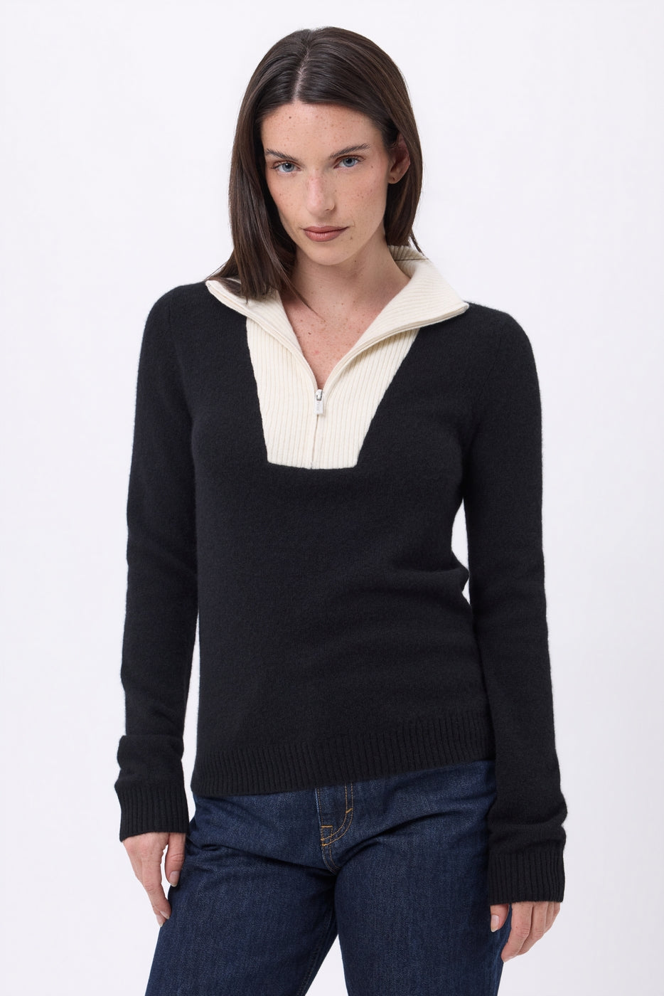 Pull Col Camioneur Zip Emy - Noir Blanc - Femme