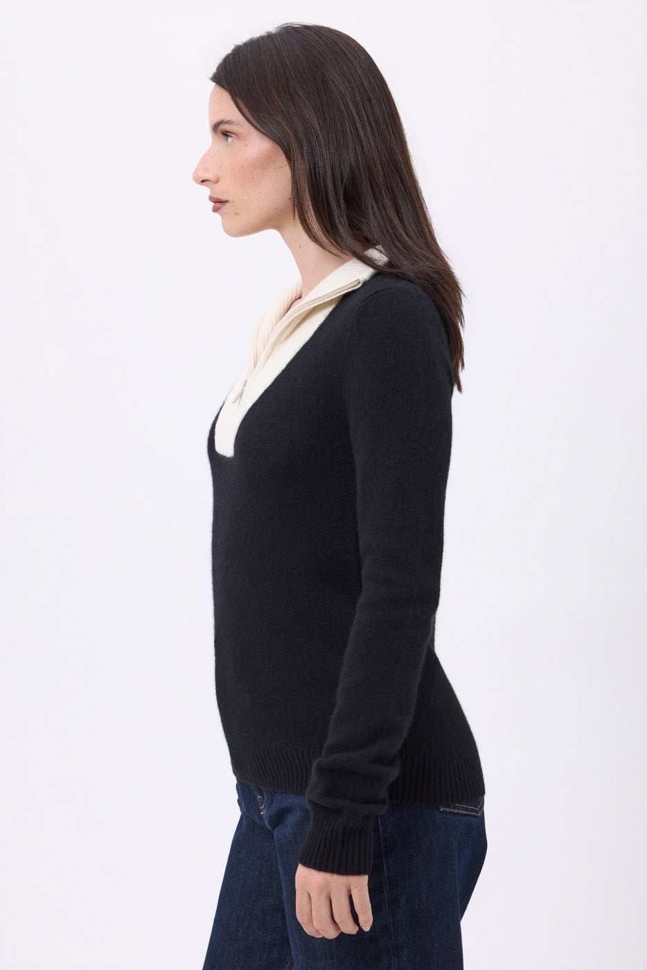 Pull Col Camioneur Zip Emy - Noir Blanc - Femme