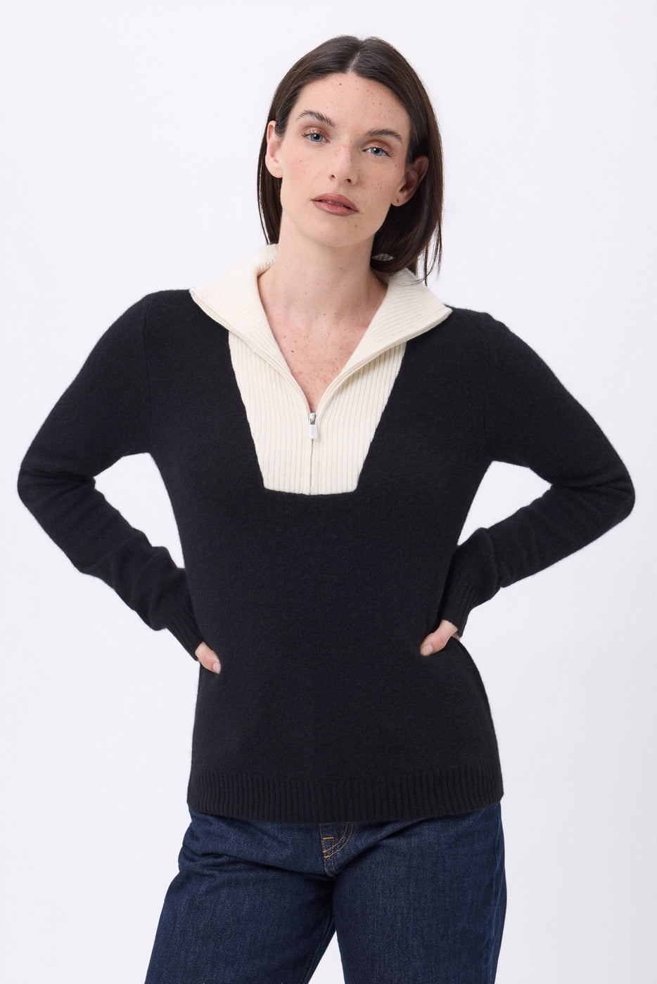 Pull Col Camioneur Zip Emy - Noir Blanc - Femme