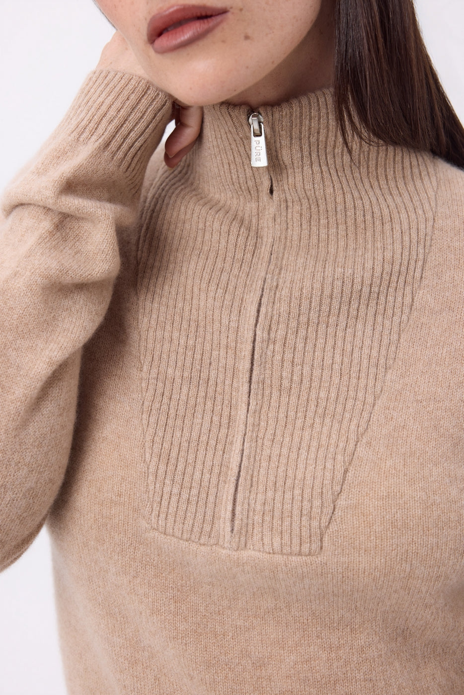 Pull Col Camioneur Zip Emy - Beige Creme - Femme