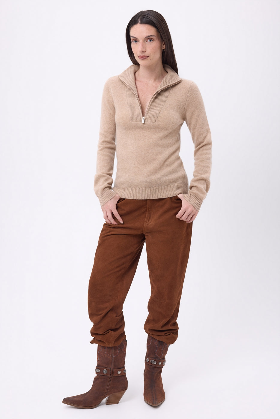 Pull Col Camioneur Zip Emy - Beige Creme - Femme