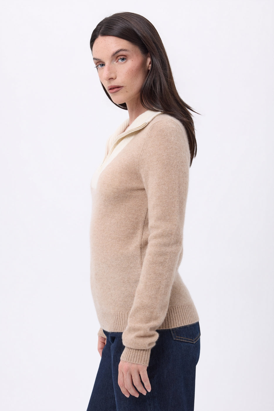 Jersey de cuello camionero con cremallera Emy - Beige crema blanco - Mujer