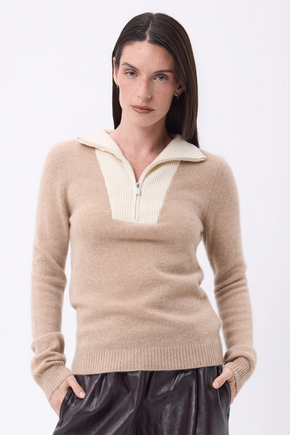 Jersey de cuello camionero con cremallera Emy - Beige crema blanco - Mujer