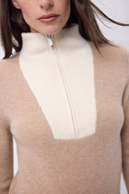 Jersey de cuello camionero con cremallera Emy - Beige crema blanco - Mujer