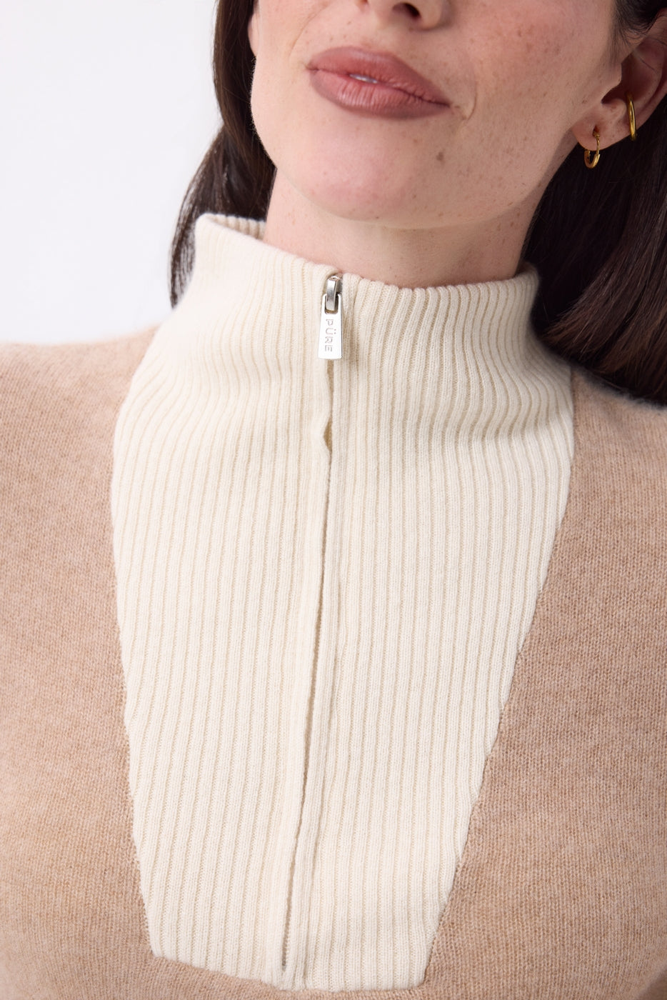 Jersey de cuello camionero con cremallera Emy - Beige crema blanco - Mujer