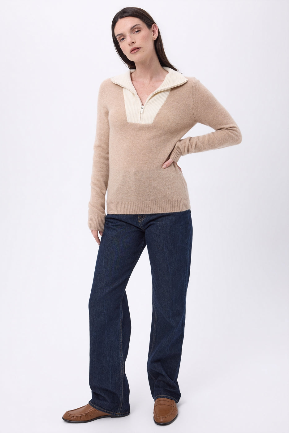 Jersey de cuello camionero con cremallera Emy - Beige crema blanco - Mujer