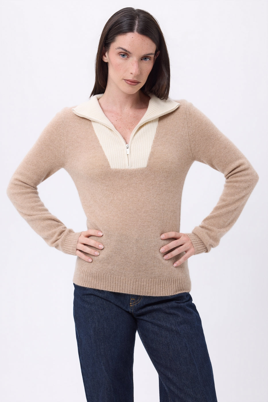 Jersey de cuello camionero con cremallera Emy - Beige crema blanco - Mujer