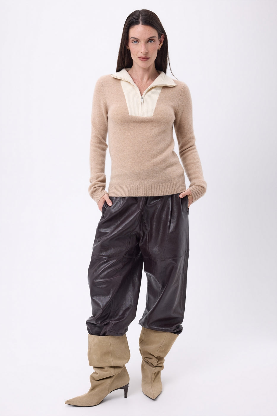 Jersey de cuello camionero con cremallera Emy - Beige crema blanco - Mujer