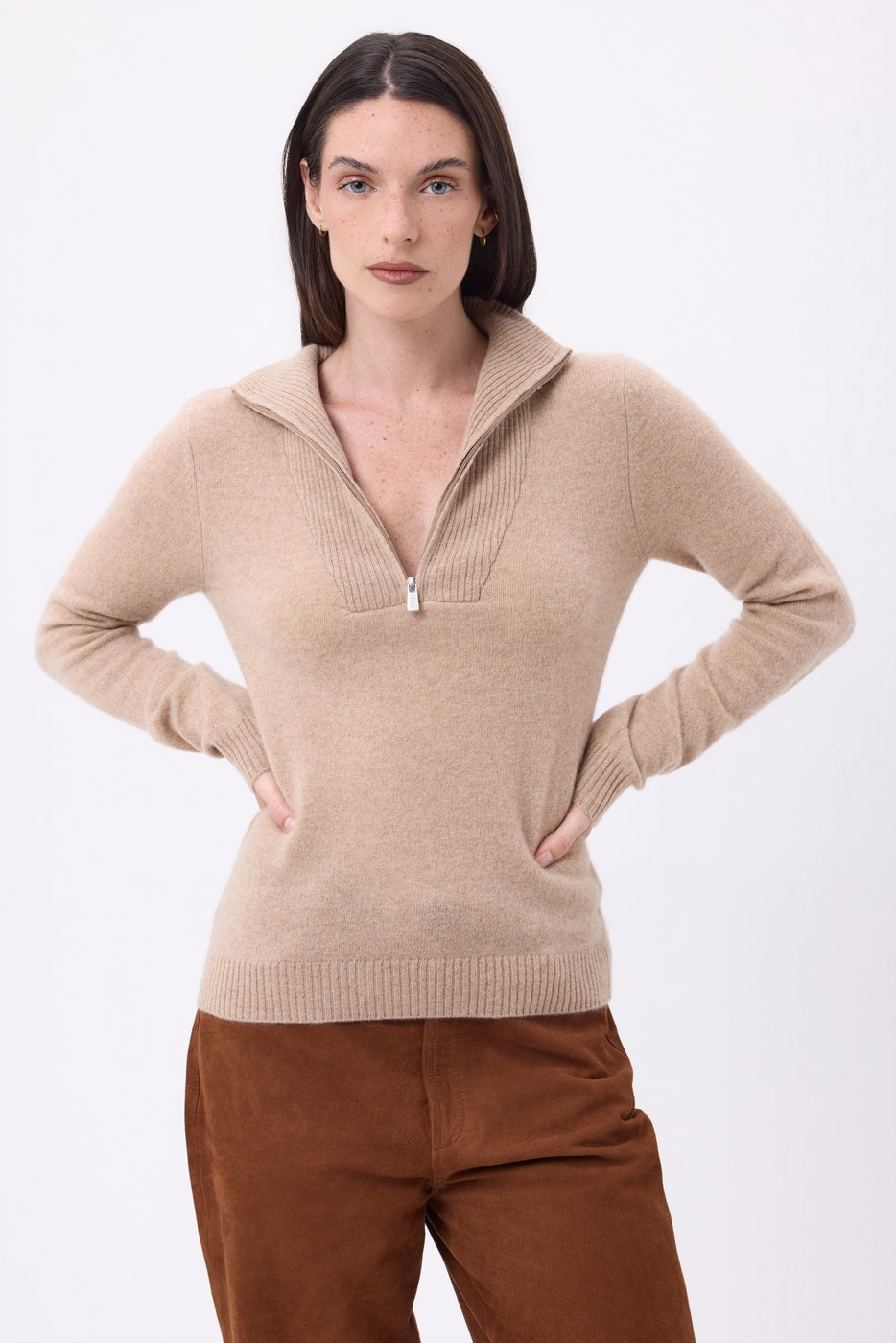 Pull Col Camioneur Zip Emy - Beige Creme - Femme