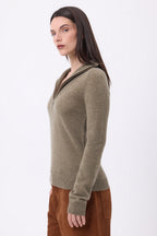 Pull Col Camioneur Zip Emy - Khaki Chine - Femme