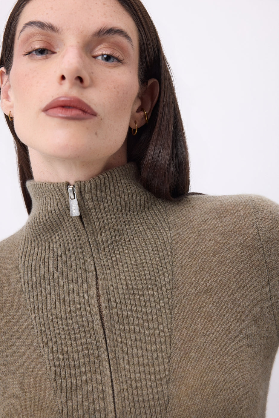 Pull Col Camioneur Zip Emy - Khaki Chine - Femme